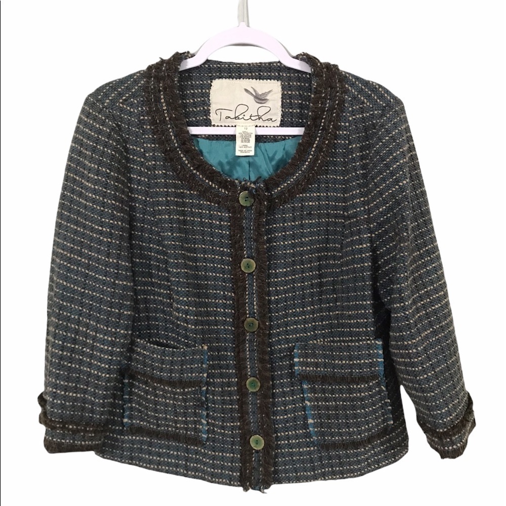 Tabitha Anthropologie Blue Tweed Fringed Jacket size 12